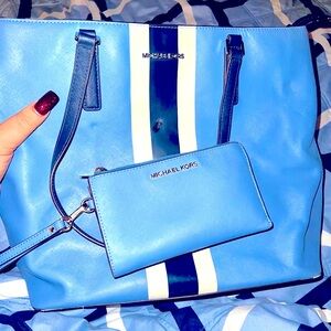 Beautiful authentic, Michael Kors, large tote style, baby blue striped bag
